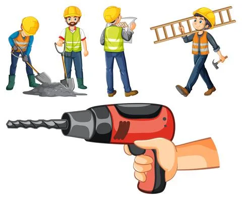 Set of construction site objects and workers Stock Illustration
