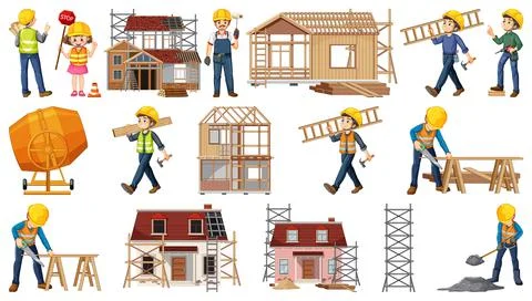 Set of construction site objects and workers Stock Illustration