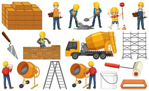 Set of construction site objects and workers Stock Illustration