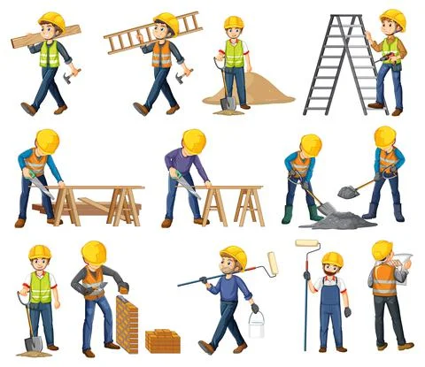 Set of construction site objects and workers イラスト素材