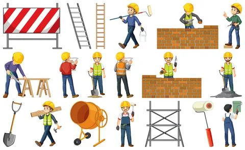Set of construction site objects and workers イラスト素材