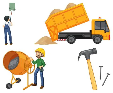 Set of construction site objects and workers Stock Illustration