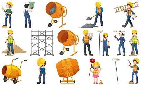 Set of construction site objects and workers Stock Illustration