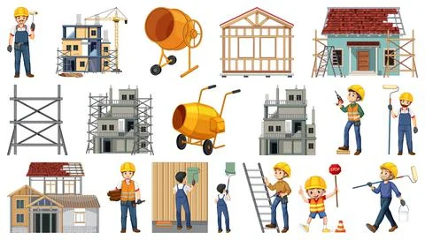 Set of construction site objects and workers 스톡 일러스트