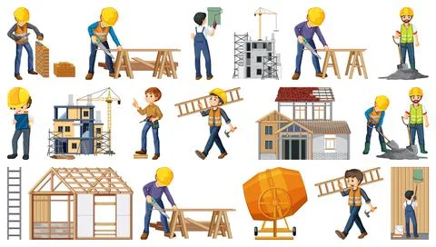 Set of construction site objects and workers Stock Illustration
