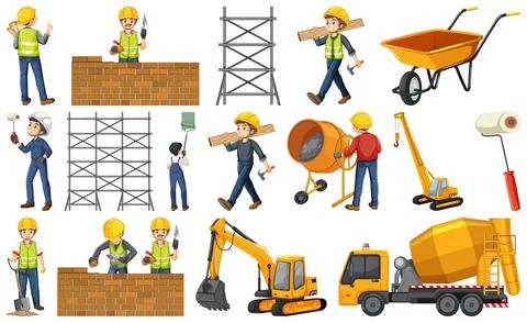 Set of construction site objects and workers 스톡 일러스트