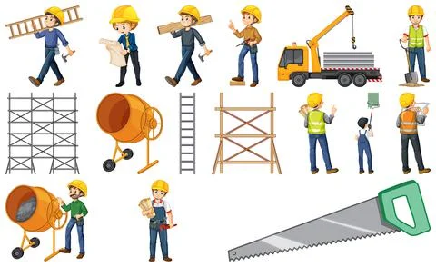 Set of construction site objects and workers イラスト素材