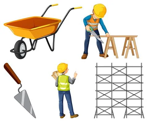 Set of construction site objects and workers Stock Illustration