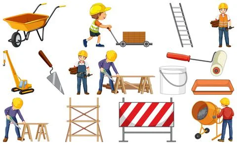 Set of construction site objects and workers Stock Illustration