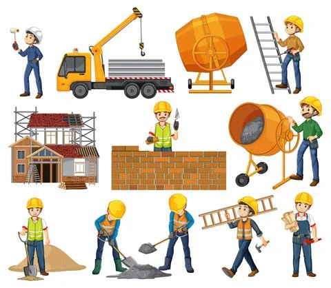 Set of construction site objects and workers 스톡 일러스트