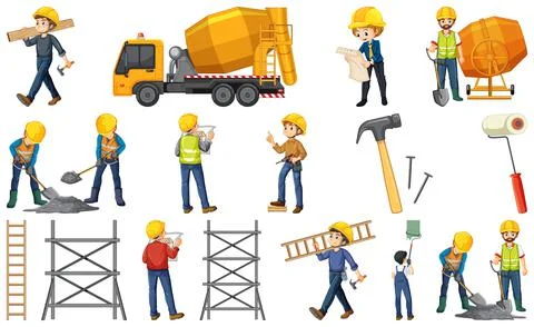 Set of construction site objects and workers Stock Illustration
