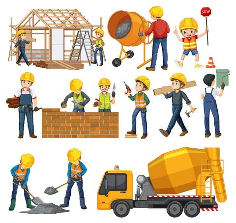 Set of construction site objects and workers Stock Illustration