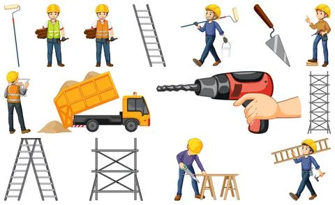 Set of construction site objects and workers 스톡 일러스트