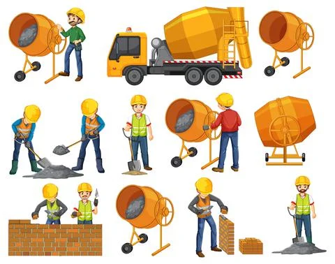 Set of construction site objects and workers Stock Illustration