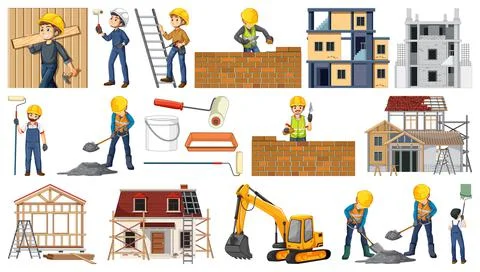 Set of construction site objects and workers イラスト素材