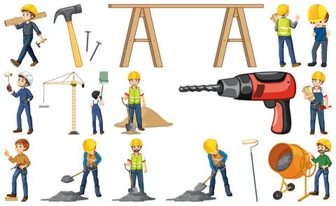 Set of construction site objects and workers イラスト素材