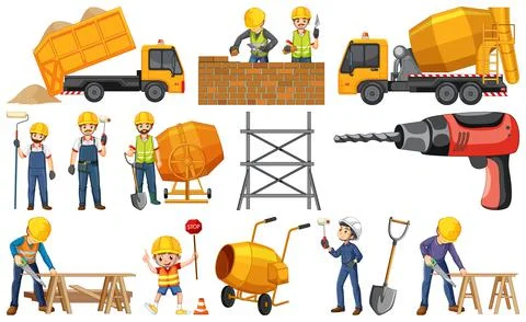 Set of construction site objects and workers 스톡 일러스트