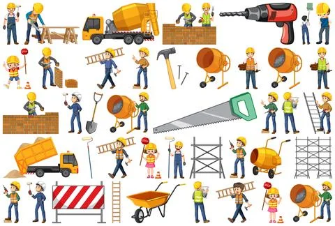 Set of construction site objects and workers Stock Illustration