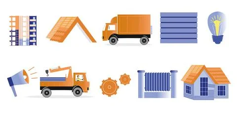 Set construction theme. Illustrations of unfinished building and houses, truc Stock Illustration