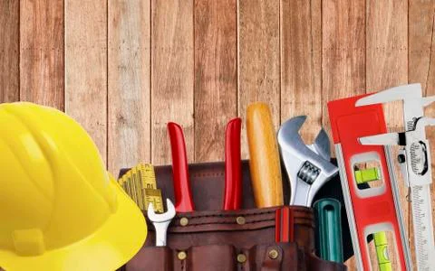 Set of construction tooling in tool belt hard hat Stock Photos