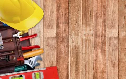 Set of construction tooling in tool belt hard hat Stock Photos