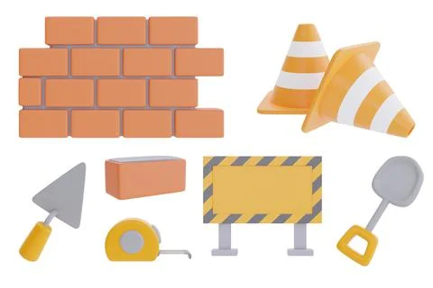 Set of construction tools and equipment, Brick wall, Under construction sign, Stock Illustration