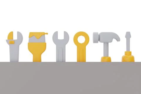 Set of construction tools and equipment with copy space, wrench, paint brush, Stock Illustration
