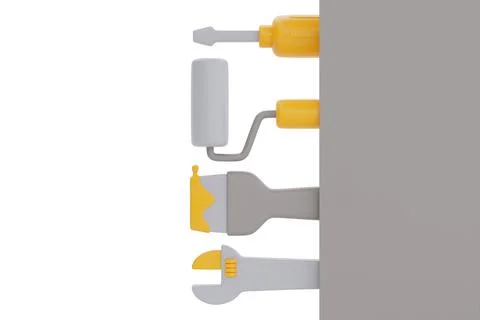 Set of construction tools and equipment with copy space, wrench, paint brush, Stock Illustration