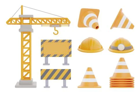 Set of construction tools and equipment, yellow tower crane, Under constructi Stock Illustration