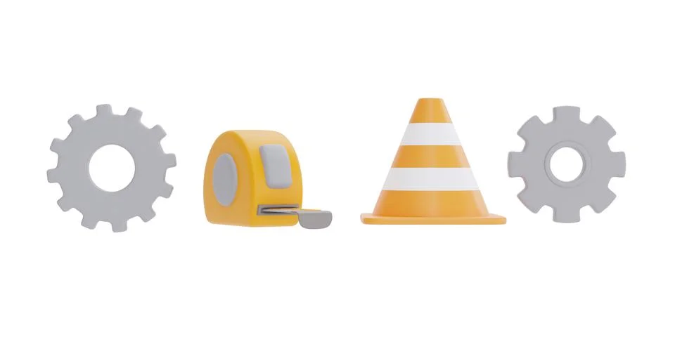 Set of construction tools and equipment, gear, tape measure and traffic cone, Stock Illustration