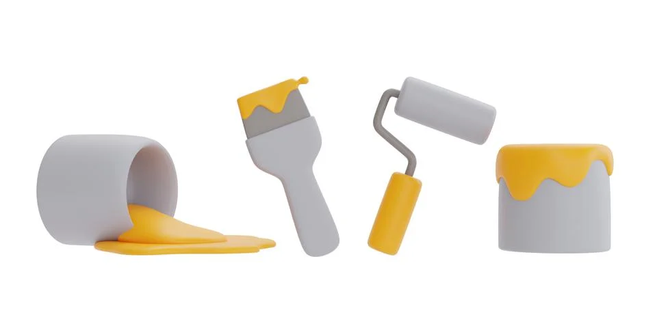 Set of construction tools and equipment, paint brush, sponge roller and paint Stock Illustration