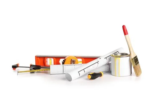 Set of construction tools and house plans isolated on white background Stock Photos