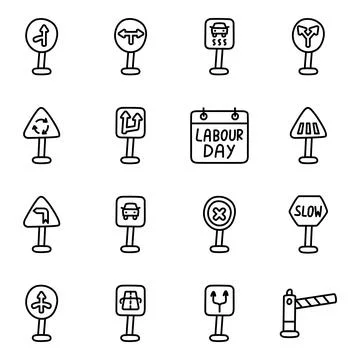 Set of Construction Tools and Road Signs Linear Icons Stock Illustration