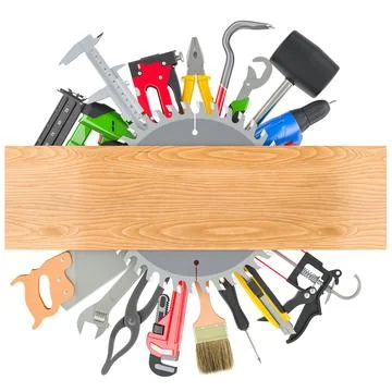 Set of Construction Tools. Assortment of work tools, 3D rendering Stock Illustration