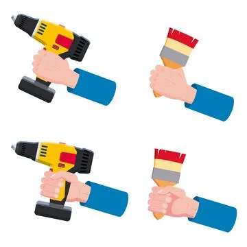 Set construction tools brush, electric screwdriver, repair tool. Hand hold Stock Illustration