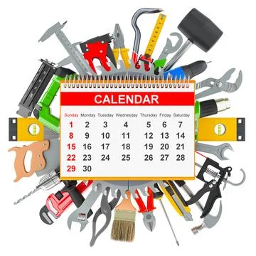 Set of Construction Tools with desk calendar. Planning of Maintenance and R.. Stock Illustration