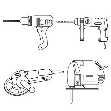 A set of construction tools drill, jigsaw grinder and puncher black contour Stock Illustration