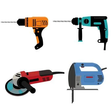 Set of construction tools electric jigsaw hammer drill and grinder, color iso Stock Illustration