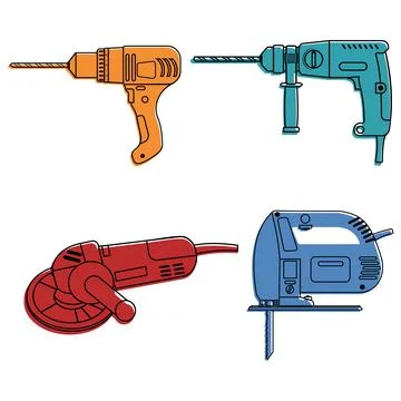 Set of construction tools electric jigsaw hammer drill and grinder, color iso Stock Illustration
