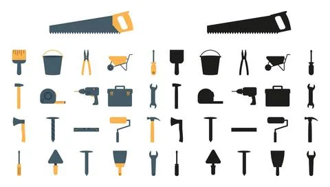 A set of construction tools in a flat style and silhouettes. Vector illus... Stock Photos