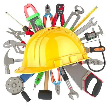 Set of Construction Tools with orange hard hat. Assortment of work tools, 3.. Stock Illustration