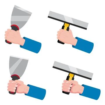 Set construction tools putty knife, spatula, brush repair tool. Hand hold Stock Illustration