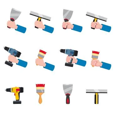 Set construction tools putty knife, spatula, brush, electric screwdriver, repair Stock Illustration