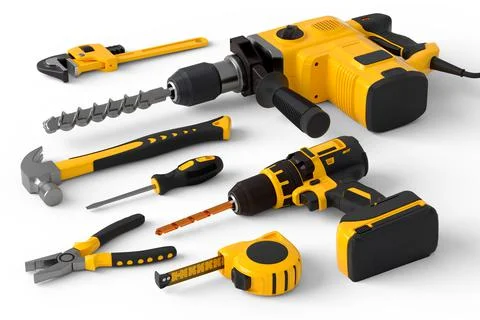 Set of construction tools for repair and installation on white background Stock Illustration