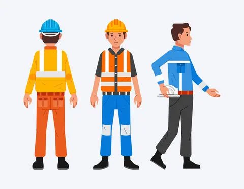Set of construction worker man character with multiple sides wearing differen Stock Illustration