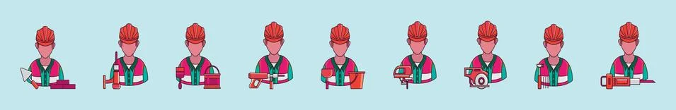 Set of construction workers cartoon icon design template with various models. Stock Illustration