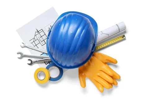 Set of construction workers tools on white background Stock Photos
