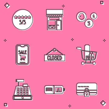 Set Consumer or customer product rating, Shopping building market store, Coin Ilustración de archivo