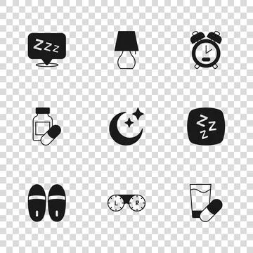 Set Contact lens container, Sleepy, Sleeping pill, Moon and stars, Alarm cl.. Stock Illustration