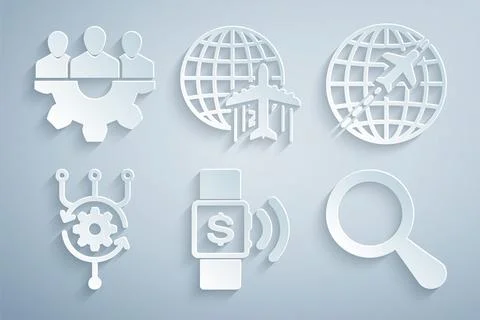 Set Contactless payment, Globe with flying plane, Algorithm, Magnifying glass Stock Illustration